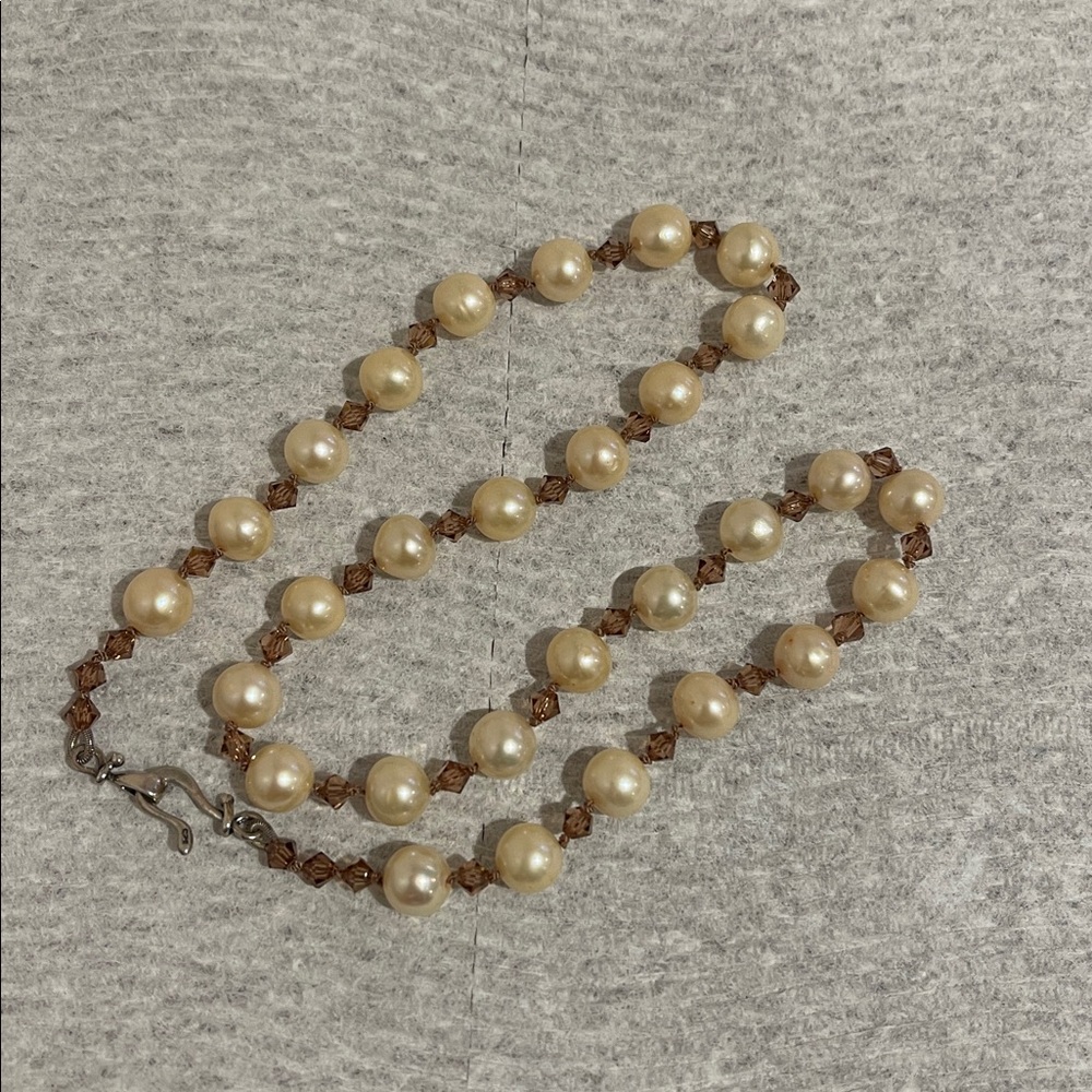 Freshwater Pearl, Swarovski Crystal, & Sterling Silver Artisan Necklace - 18” - Picture 3 of 8